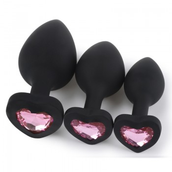 Venusfun Colorful Jeweled Black Silicone Heart Shape Butt Plugs 3pcs/set