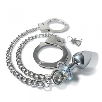 Nixie Metal Butt Plug w/Inlaid Jewel & Fur Cuff Set - Silver Metallic