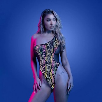 Fantasy Lingerie Glow Luminescent Floral Print One-Shoulder Teddy Lingerie