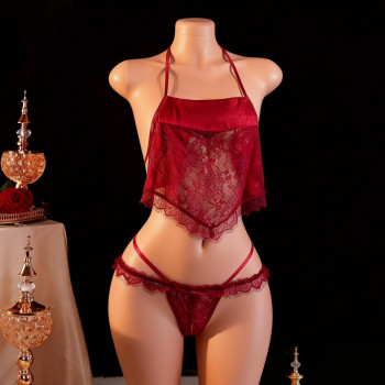 Venusfun Coquette Lingerie for Women Halter Lace Crotchless Chemise Set for Spicy Nights