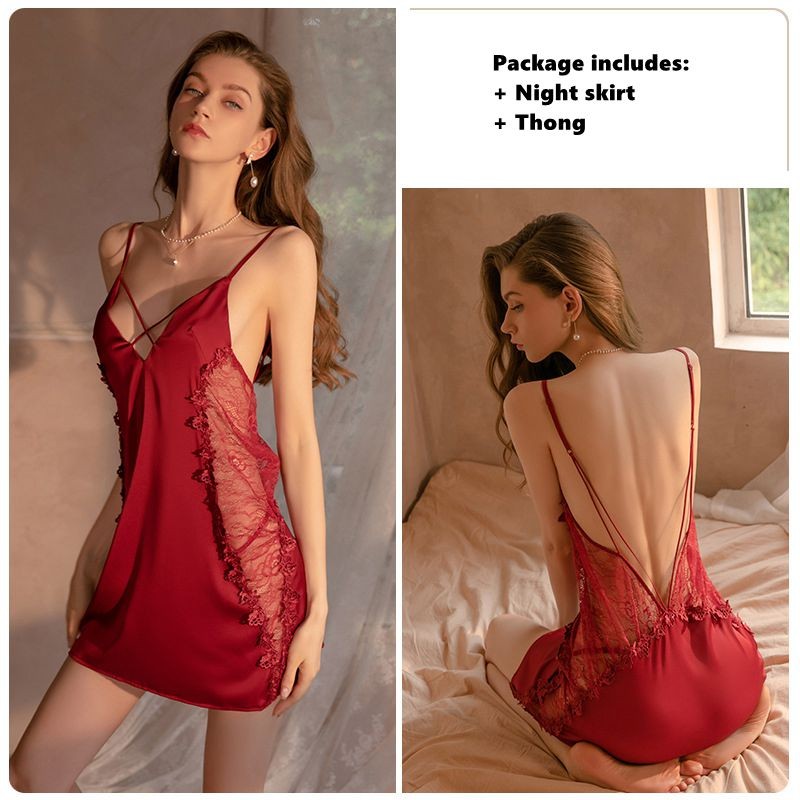 Venusfun Deep V Neck Sexy Lace See Through Strap Nightgown