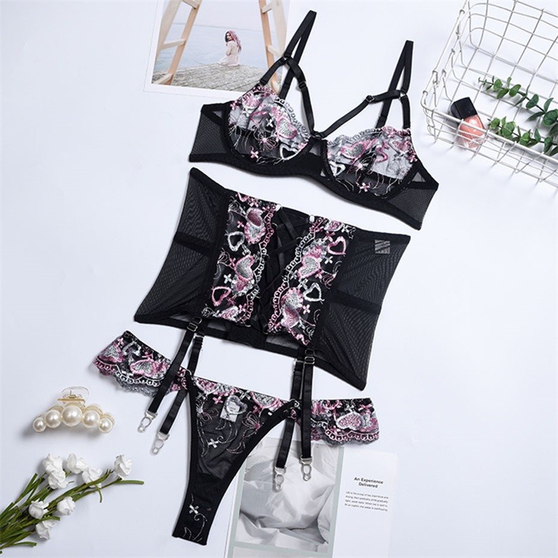JSY Sexy Women Embroidered Erotic Bra and Panty Lingerie Set