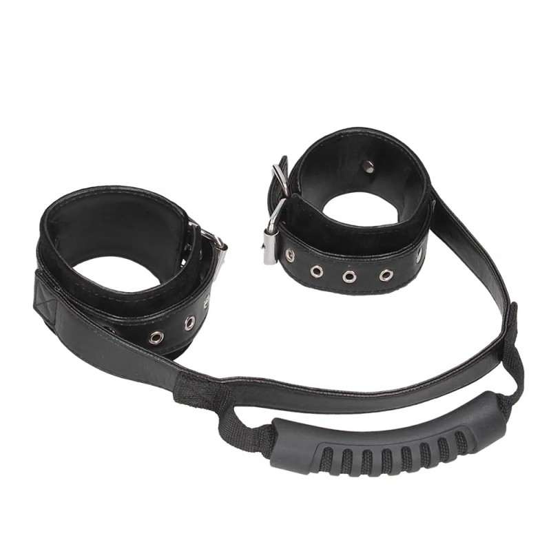 Shots Ouch Black & White Bonded Leather Hand Cuffs w/Handle