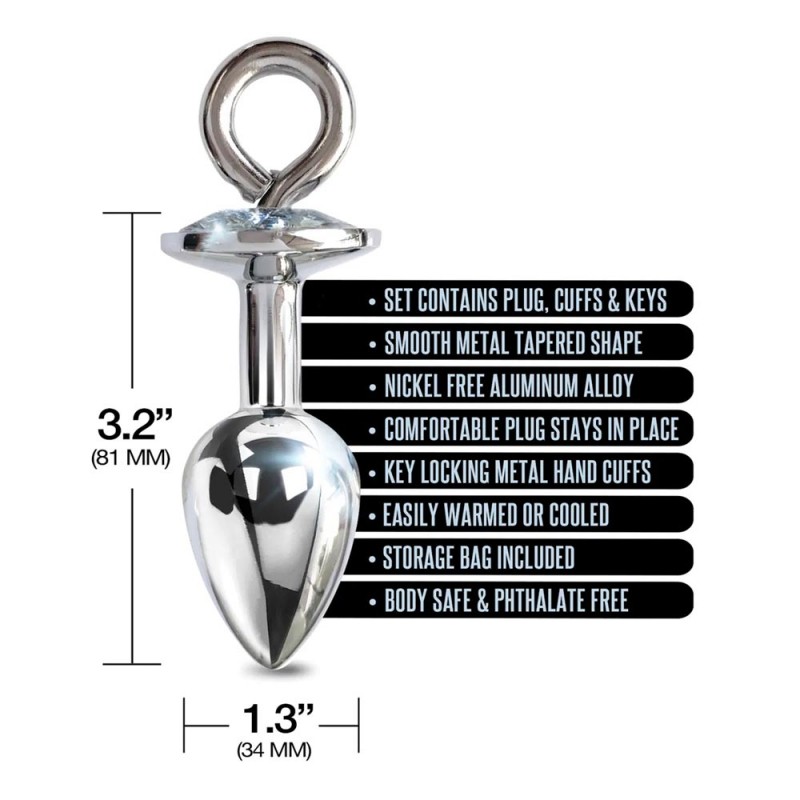 Nixie Metal Butt Plug w/Inlaid Jewel & Fur Cuff Set - Silver Metallic3