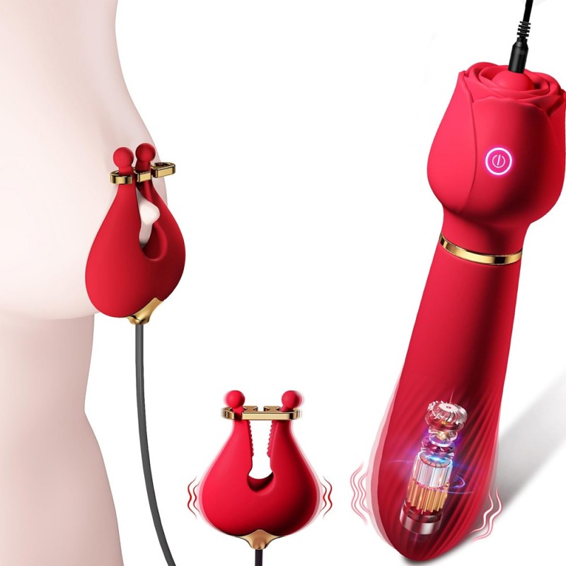 Rose Vibrator With Nipple Clamps Stimulator 2 In 1 Sex Toys For Women