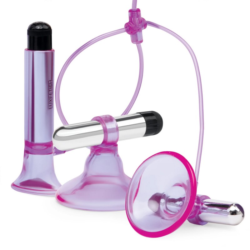 Lux Fetish Vibrating Nipple Suckers w/Clitoral Pump & Quick Release