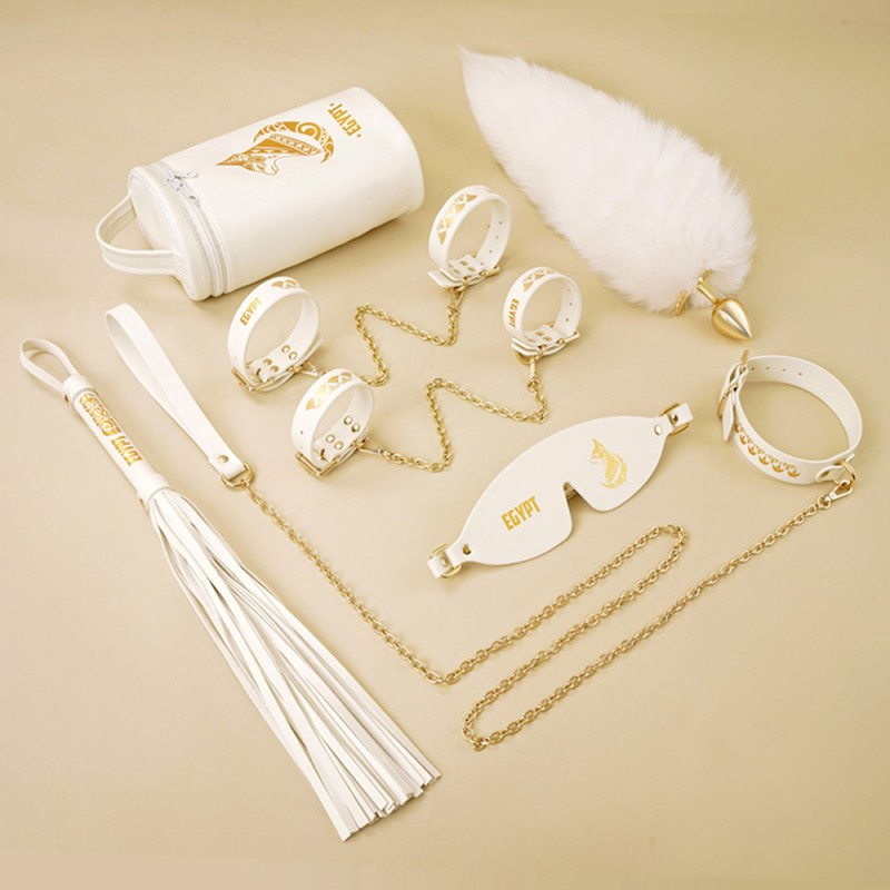 7PCS Leather BDSM Kit with Handcuffs Ankle Cuffs Collar Whip