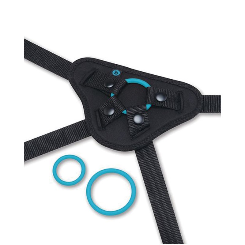 b-vibe every body strap-on harness set with 6 in silicone dildo pegging interchangeable rings