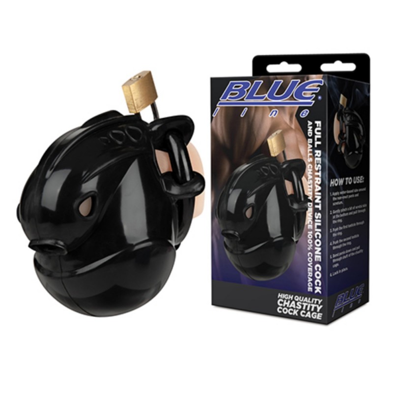 blue line full restraint silicone cock & balls chastity device safe material