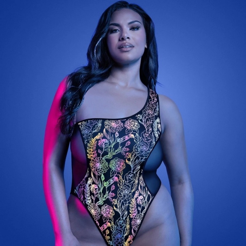 fantasy lingerie glow luminescent floral print one-shoulder teddy lingerie fast shipping