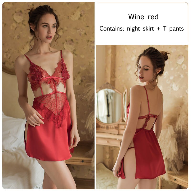 Lace Side Slit Suspender Skirt Red