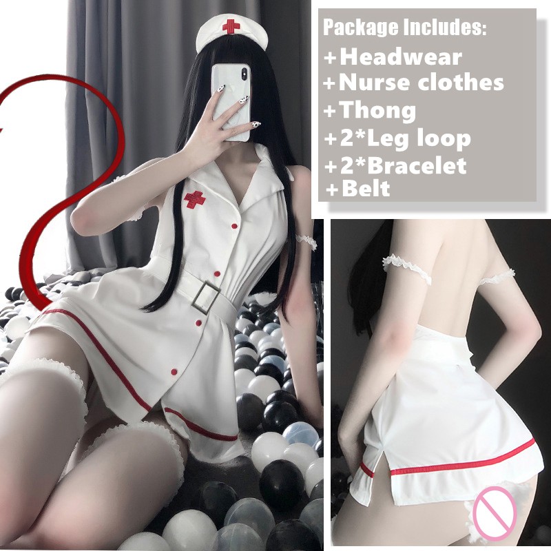 Venusfun Women Erotic Lingerie Cosplay Nurse Uniform Set White