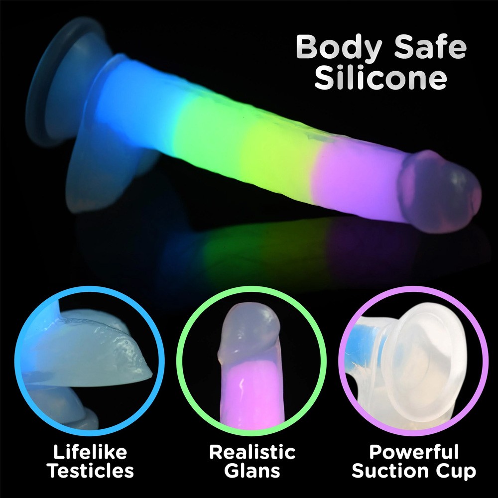 curve toys glow in the dark rainbow 7 in silicone dildo with balls sss