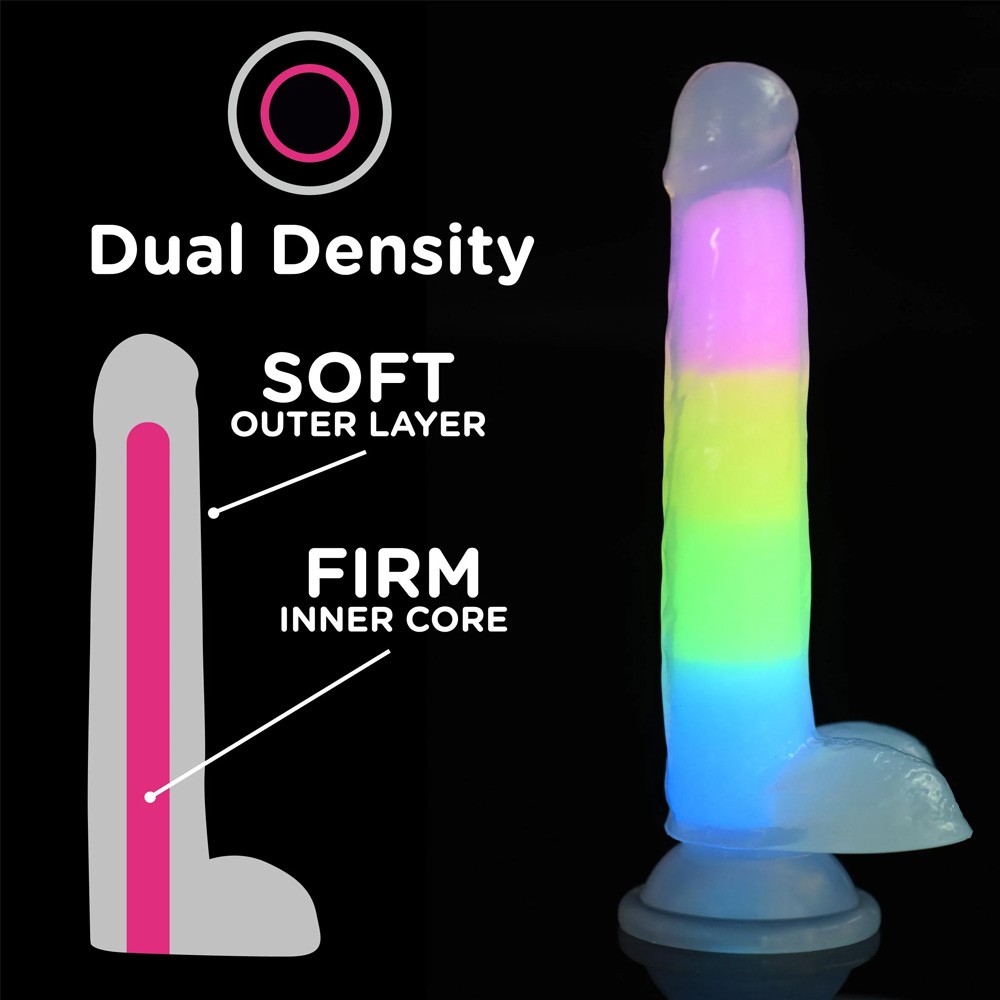  curve toys glow in the dark rainbow 7 in silicone dildo with balls ss