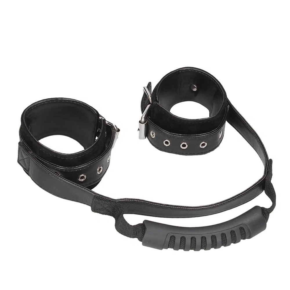 Shots Ouch Black & White Bonded Leather Hand Cuffs With Handle