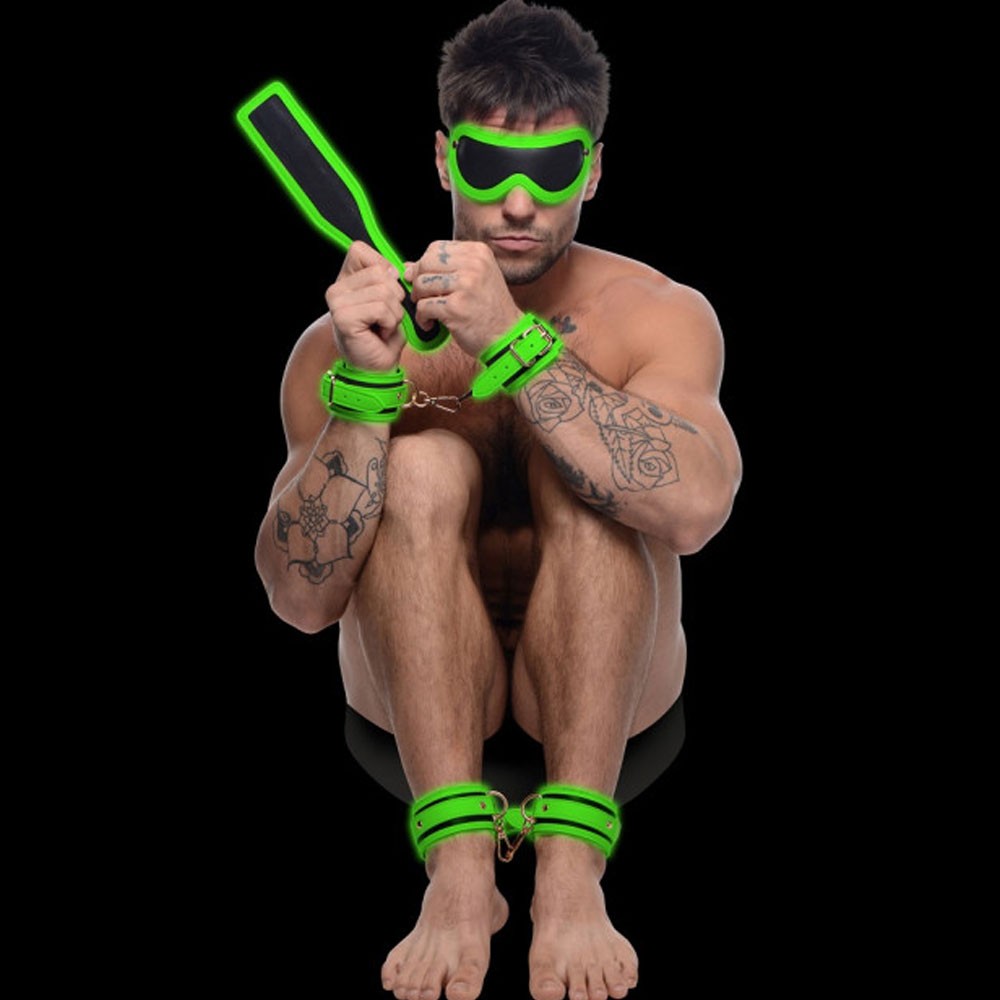 Kink In The Dark Glowing Cuffs Blindfold And Paddle Bondage Set