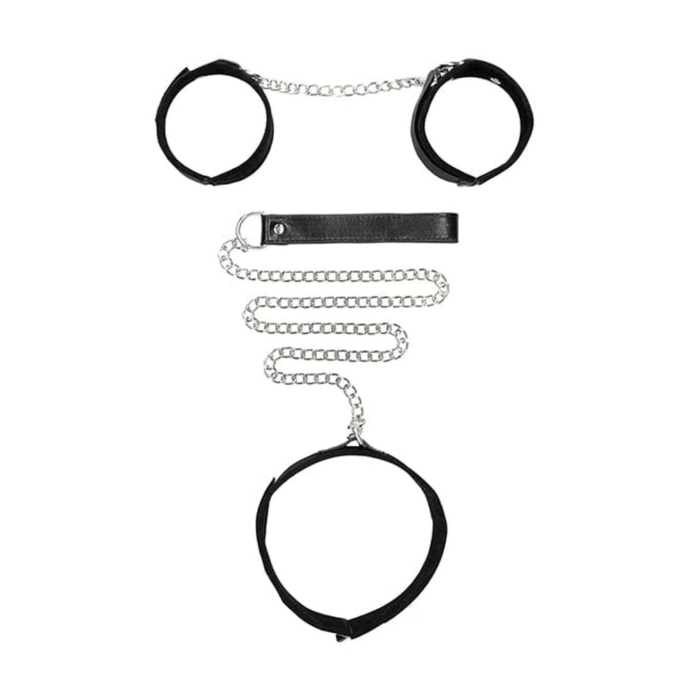 Shots Ouch Black & White Velcro Collar w/Leash & Hand Cuffs ss