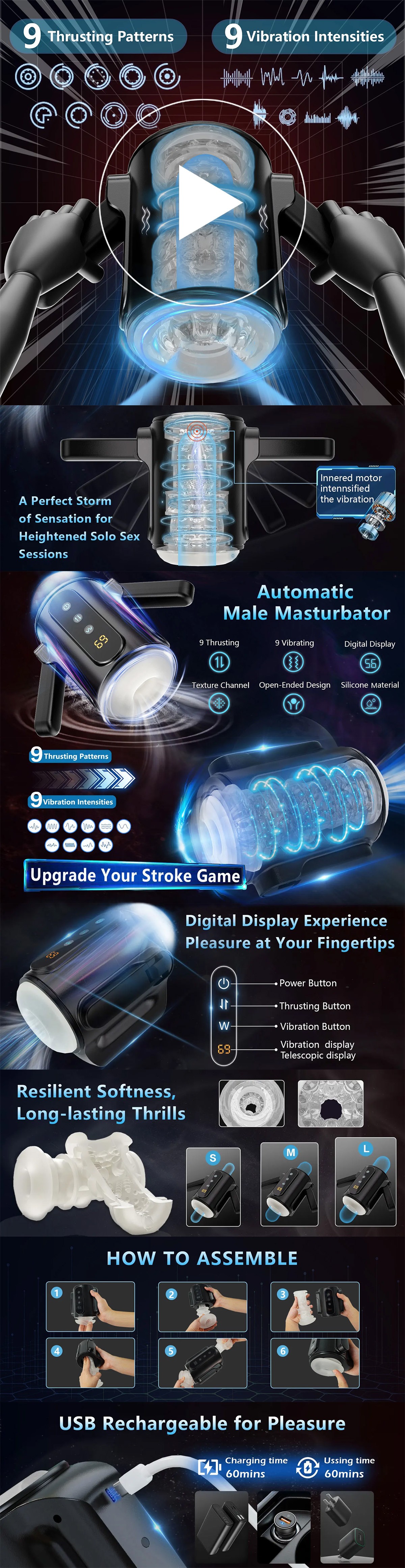 Foldable Handles Male Masturbator Thrusting Vibration Blowjob Sucking Machine