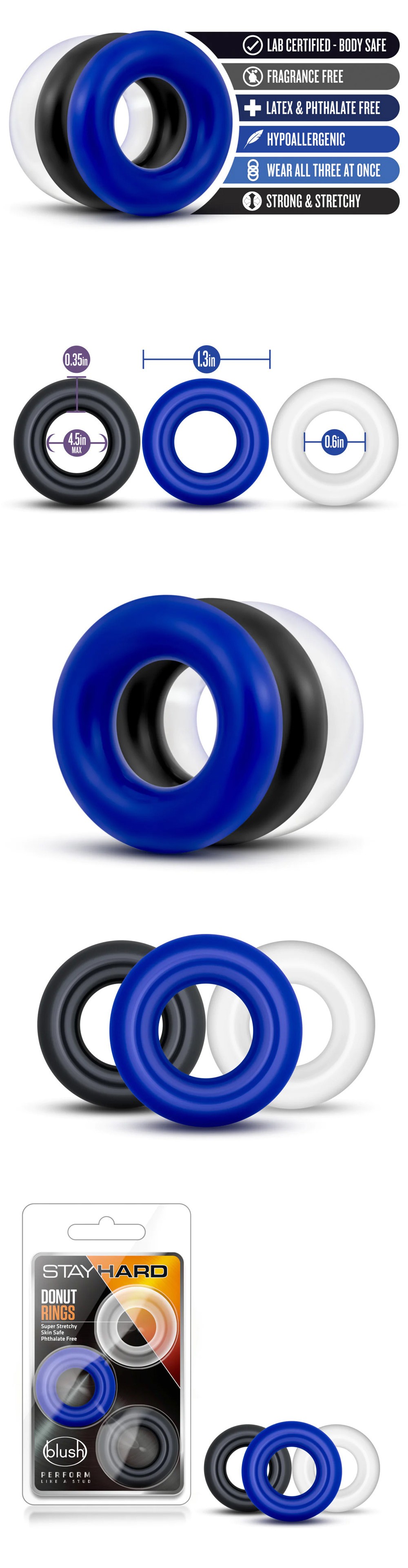 Blush Stay Hard Assorted Colors Donut Cock Rings 3PCS