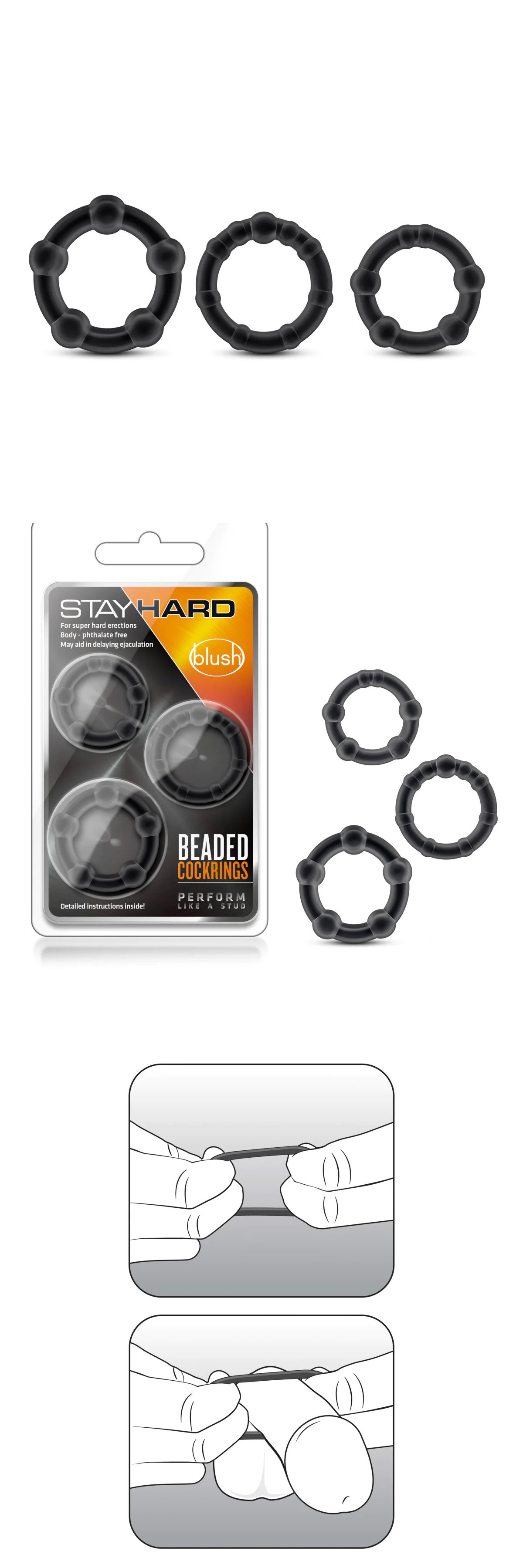 Blush Stay Hard Black Beaded Cock Rings 3 Sizes