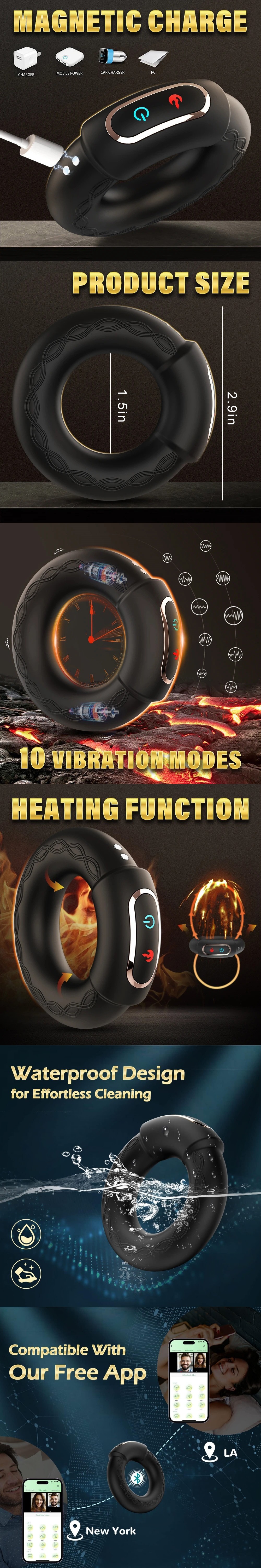 Vibrating Cock Ring Heating Male Masturbator with APP Control