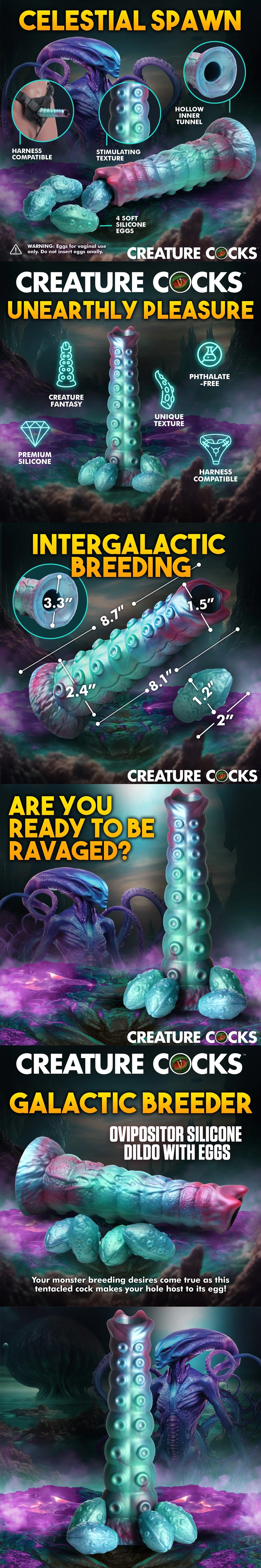 Creature Cocks Tentacle Dildo Galactic Breeder Ovipositor with 4 Eggs