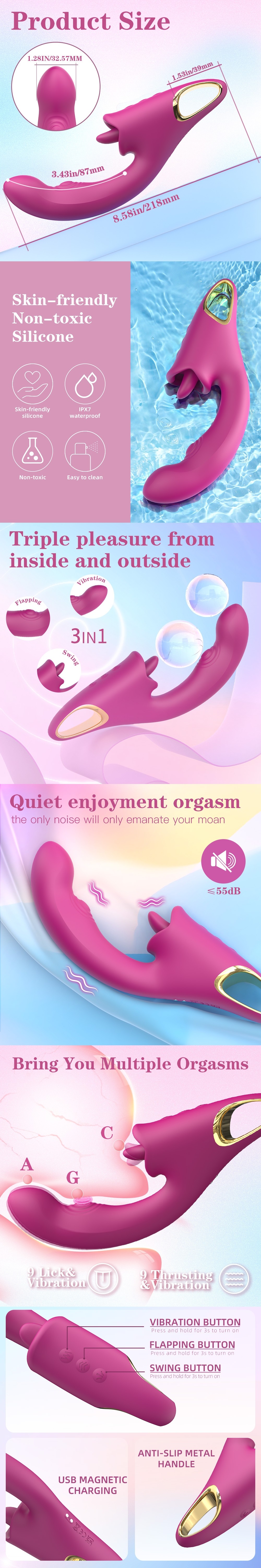 S-Hande 3 in 1 G Spot Vibrator with Tongue Licking Flapping