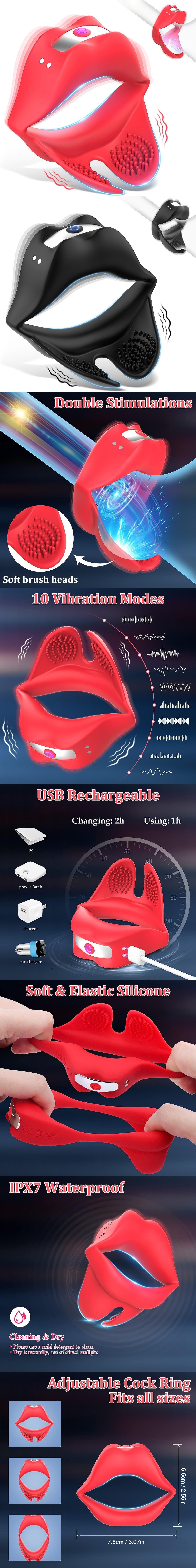 Red Lips Vibrating Cock Ring Silicone Male Penis Ring