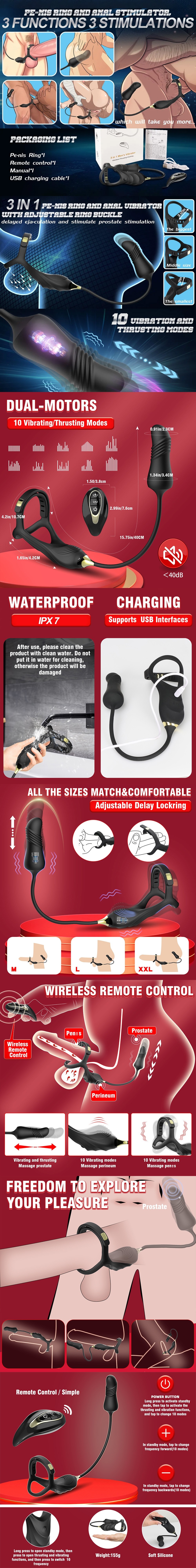 3 in 1 Vibrating Cock Ring Prostate Vibrator with Remote Control