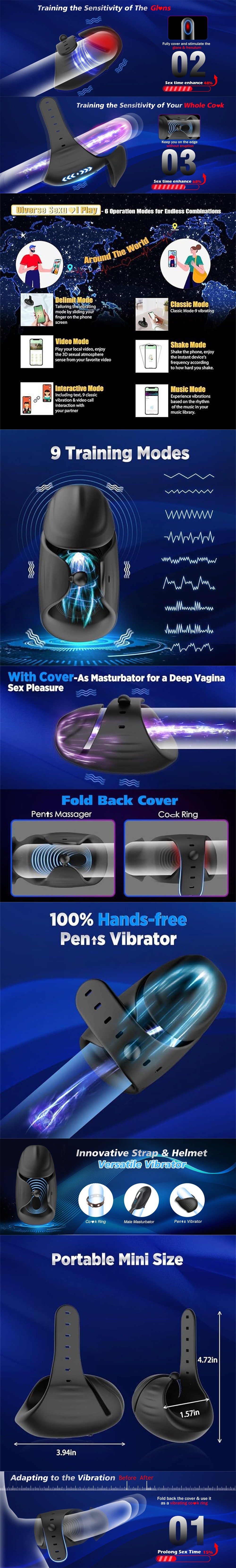 Vibrating Cock Ring Adjustable Glans Penis Trainer