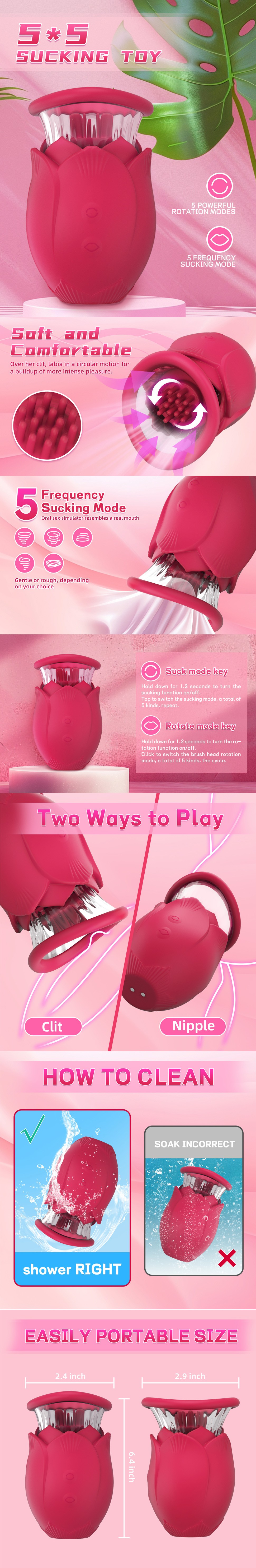 Rotating & Sucking Clit Nipple Stimulator Rose Vibrator