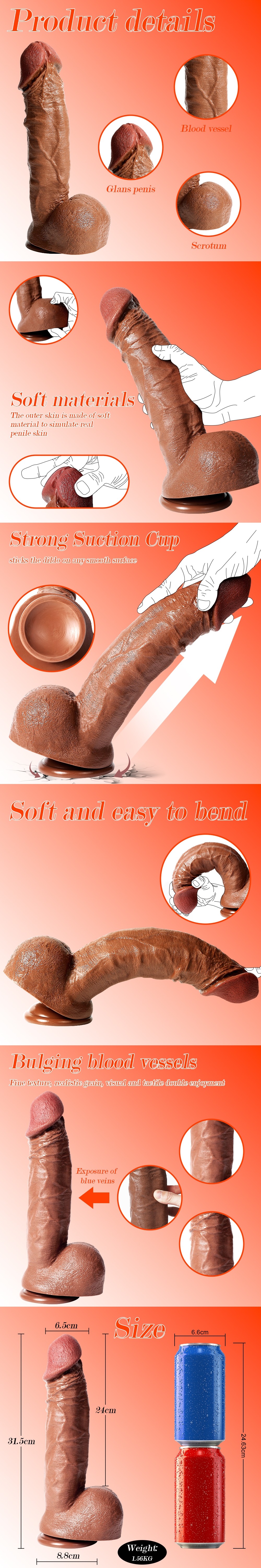 Super Long 12.4 Inch Realistic G-spot Didlo with Suction Cup & Balls