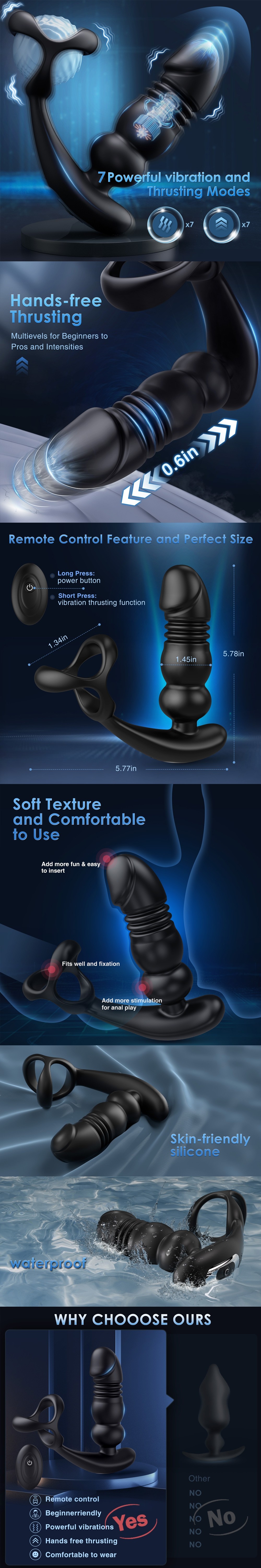 Thrusting & Vibrating Prostate Massager Cock Ring with Remote Control