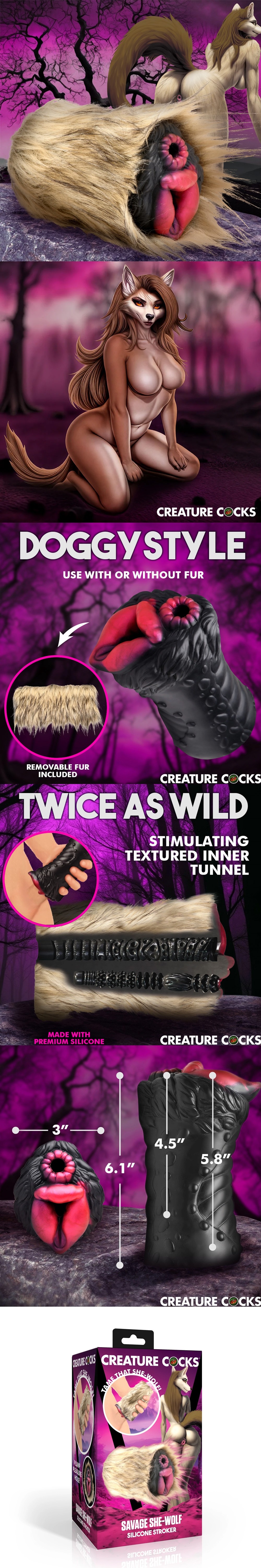 Savage She-Wolf Dual Ended Male Stroker with Removable Fur