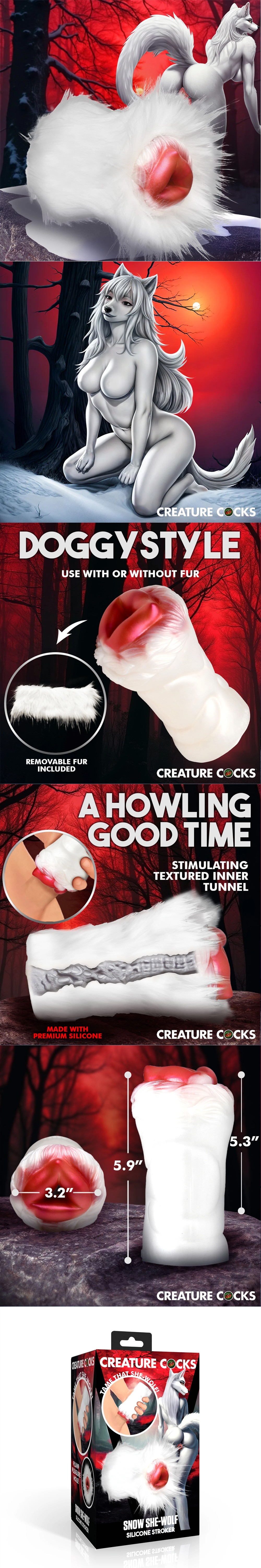 Snow She-Wolf Fantasy Penis Stroker with Detachable Fur