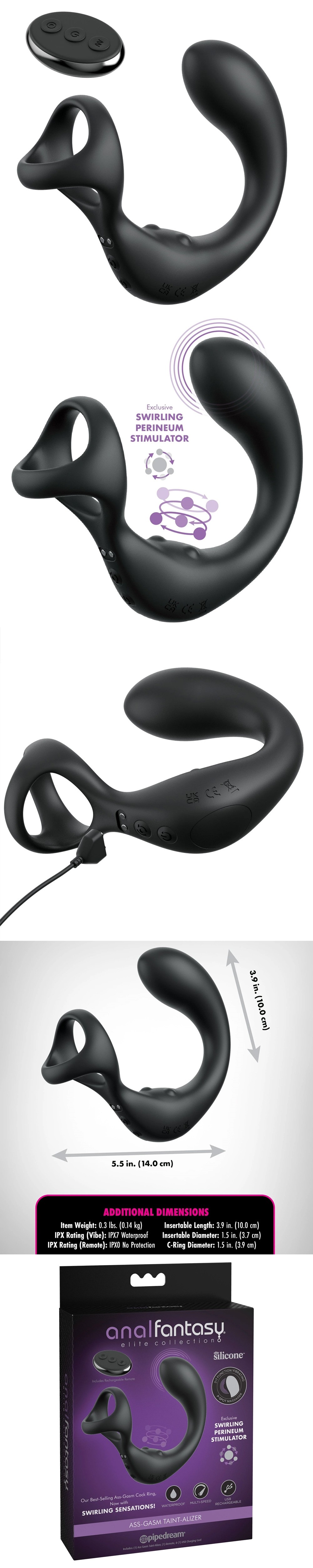 Pipedream Ass-Gasm Taint-Alizer Swirling Perineum Prostate Massager & Cock Ring with Remote