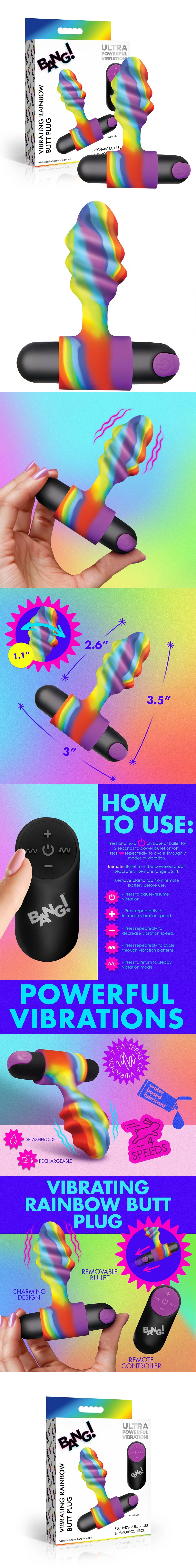 bang vibrating rainbow butt plug silicone anal plug vibrator with remote control