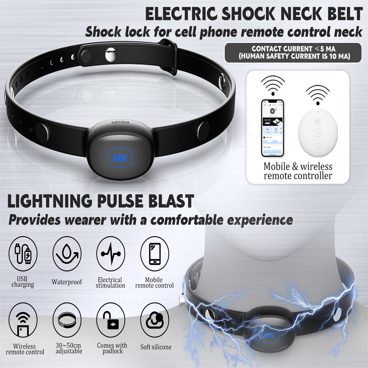 Venusfun Bondage Device Electric Shock Neck Collar with Lock & Remote Control for Male Female