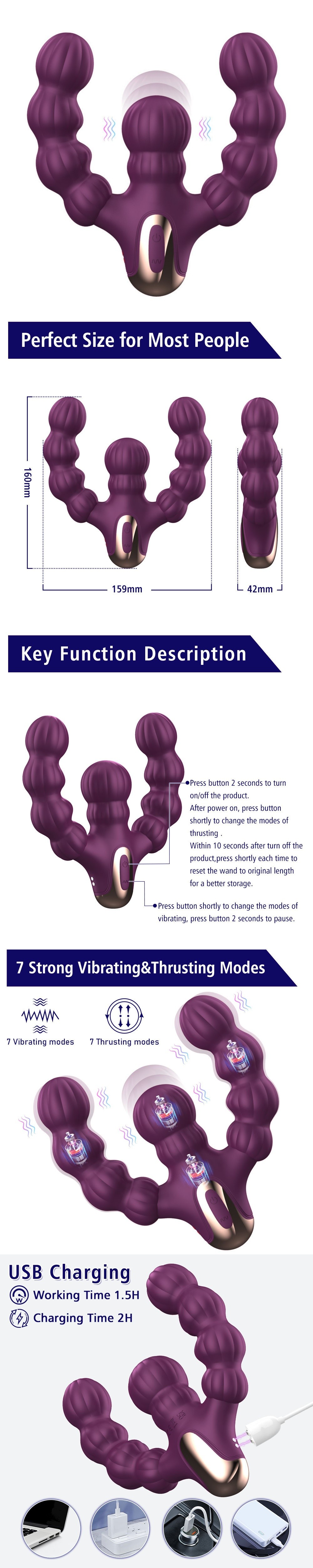 venusfun dual ended anal beads vibrating thrusting g-spot massager for female