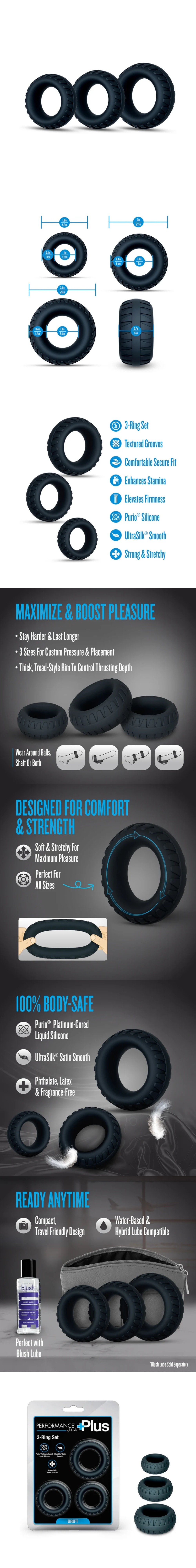 blush performance plus drift 3pcs black cock rings for all sizes