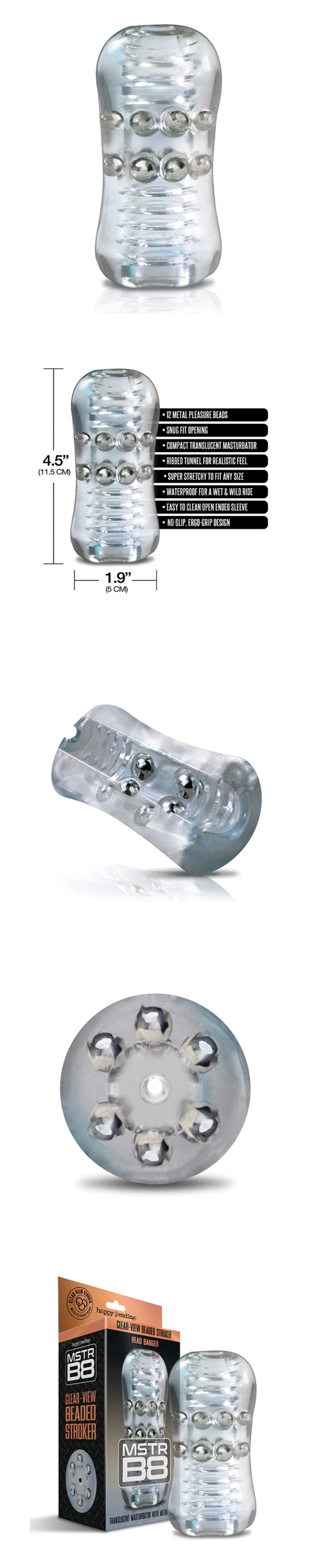global novelties mstr b8 head banger beaded clear view stroker with lifelike ribbed channel