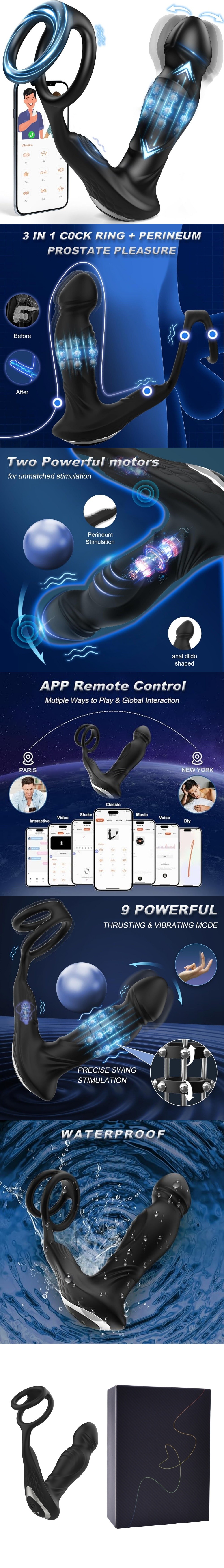 venusfun prostate massager wiggling male vibrator with dual cock rings