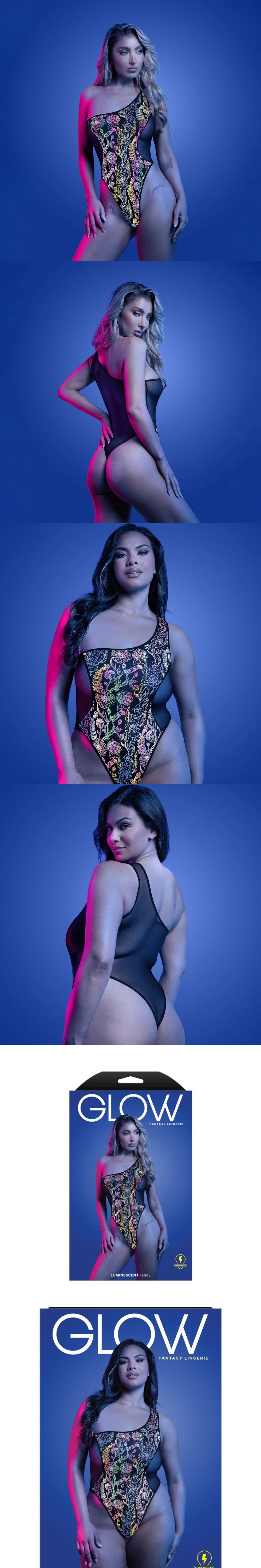 fantasy lingerie glow luminescent floral print one-shoulder teddy lingerie
