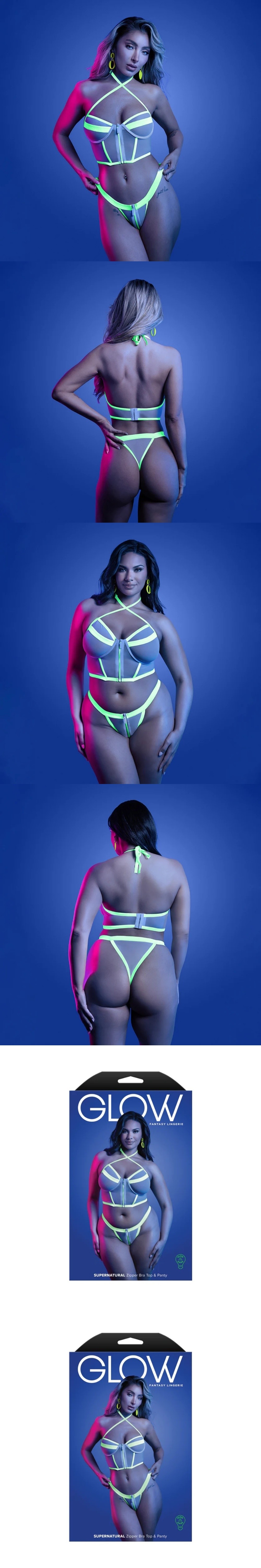 fantasy lingerie glow supernatural glow-in-the-dark zipper top&panty sexy lingerie