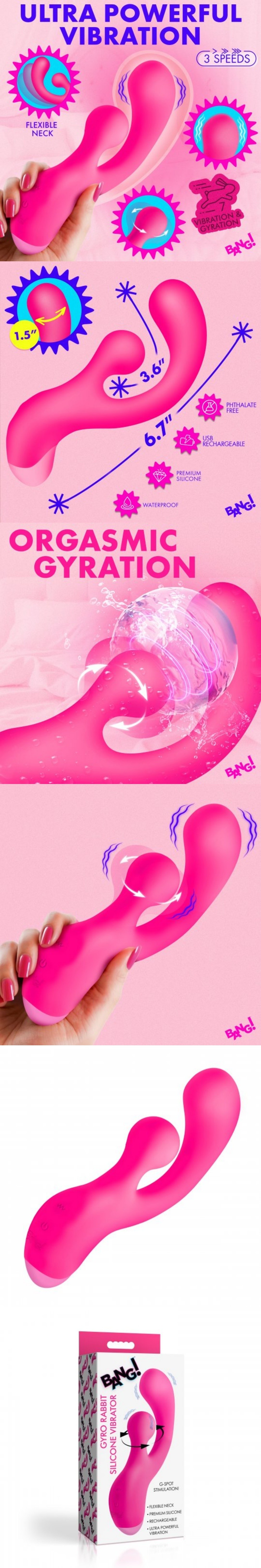 xr brands bang! gyro rabbit silicone dual-ended g-spot vibrator with 7 gyration modes