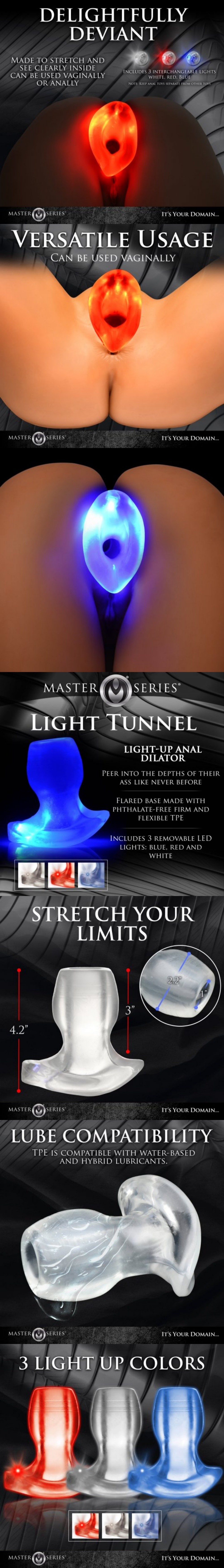 xr brands tunnel light-up led anal dilator vaginal expander for bdsm play