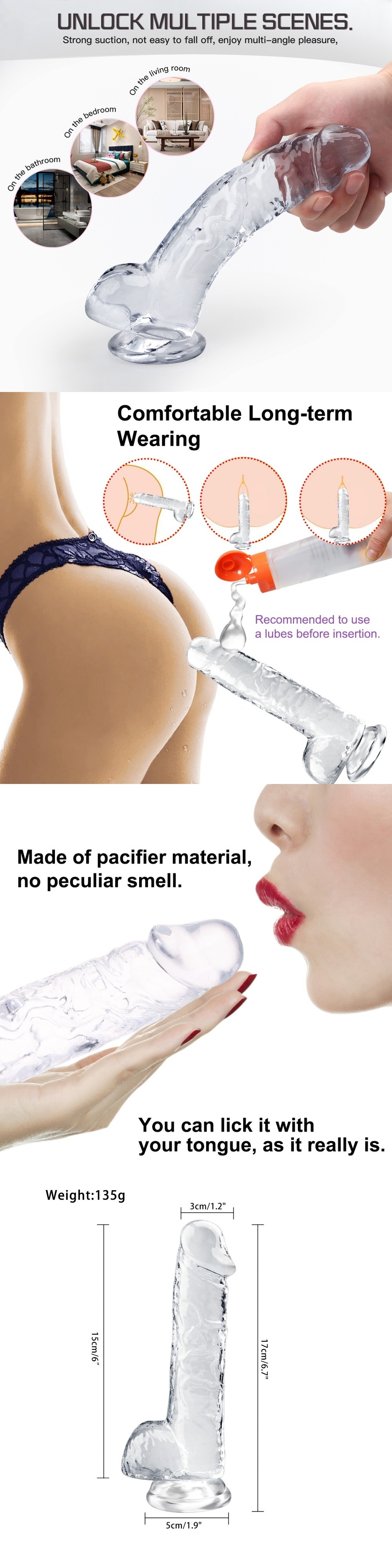 clear soft realistic dildo with suction cups and balls
