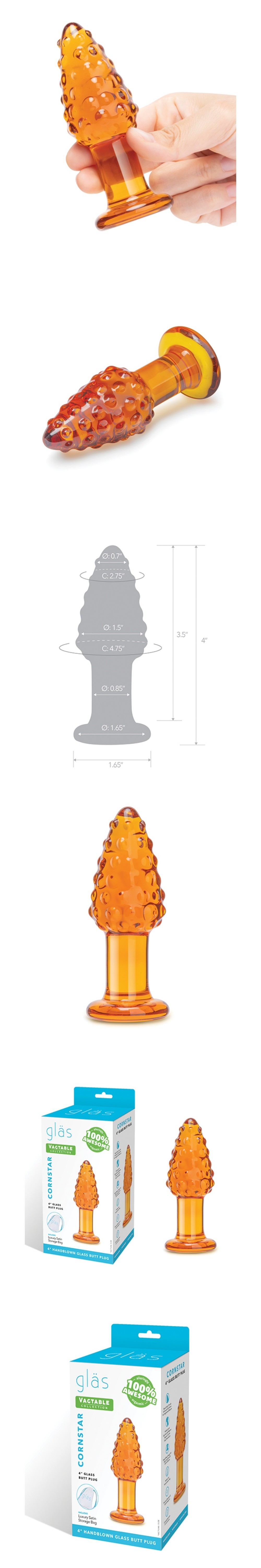 glas 4 inches cornstar-shaped glass butt plug with textured kernels fits for beginner