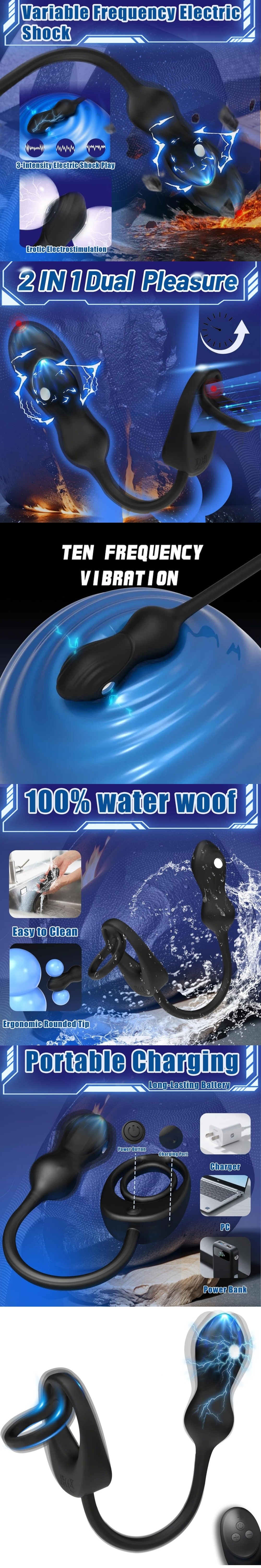 prostate massager with remote 10 vibration & 3 e-stim mode anal plug & cock ring 2-in-1 shock tease