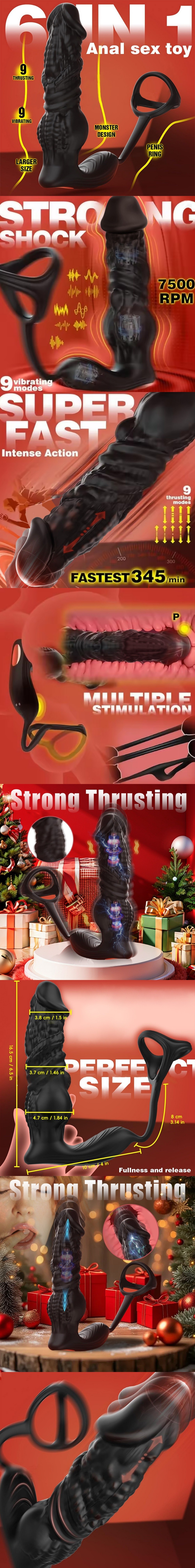 fast thrusting big size veiny prostate massager with cock ring